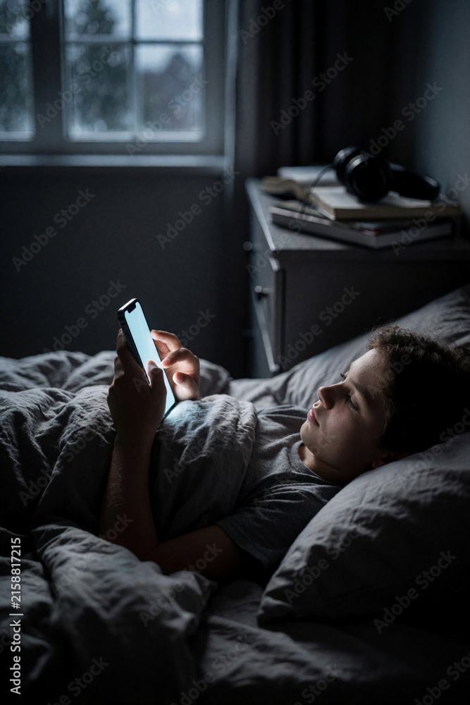 Fototapeta premium Teenager lying in bed using smartphone at night, blue light from screen