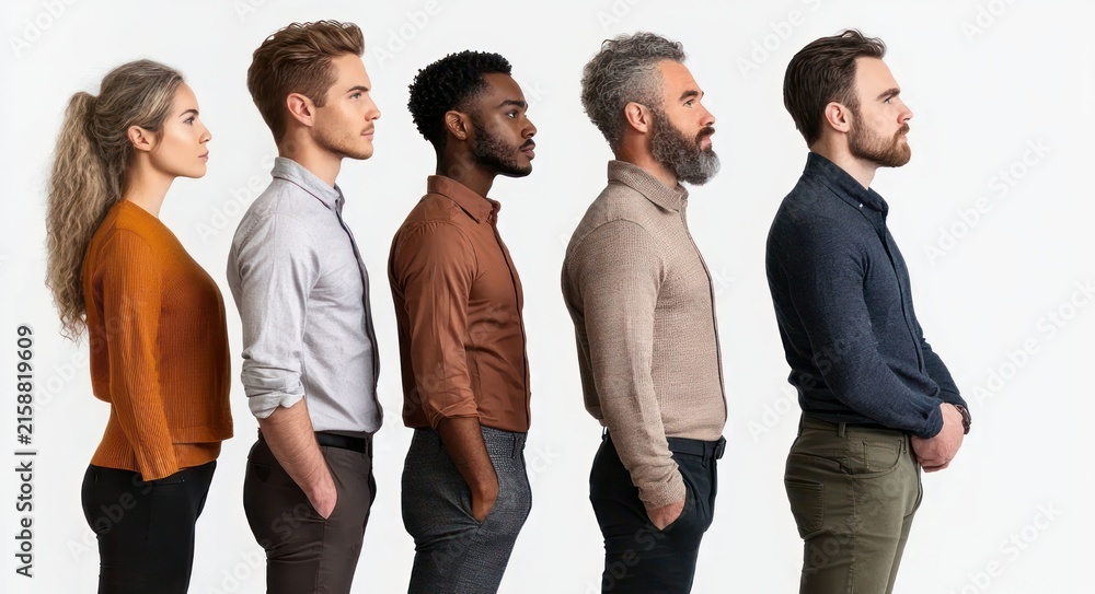 Obraz premium Five diverse adults standing side by side in profile with blurred faces against a white background, neutral and contemplative postures