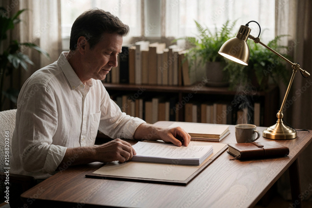 Fototapeta premium Middle-aged man reading documents at a desk in a cozy home office with a lamp and coffee