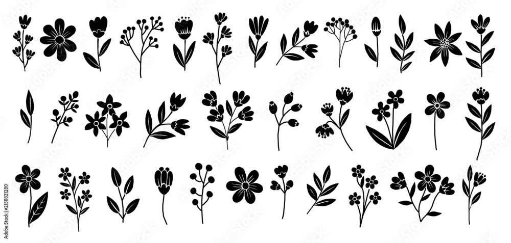 Fototapeta premium Black floral silhouettes form an elegant, nature-inspired collection. Each flower varies in shape and size, from dainty blossoms to bold blooms. Petals and stems curve gracefully, creating delicate