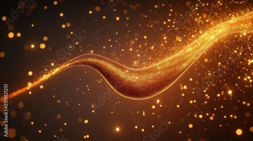 golden glittering ribbon of light and particles flowing through dark space, elegant and magical shimmer and motion