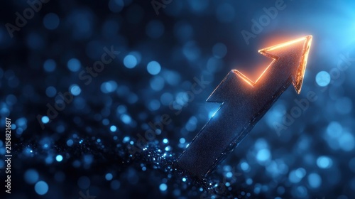 glowing metallic upward arrow rising through blue bokeh and sparkling particles, conveying progress and optimism