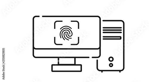 Desktop computer tower and monitor with fingerprint scan symbol on screen icon. Black line art style on white background. 