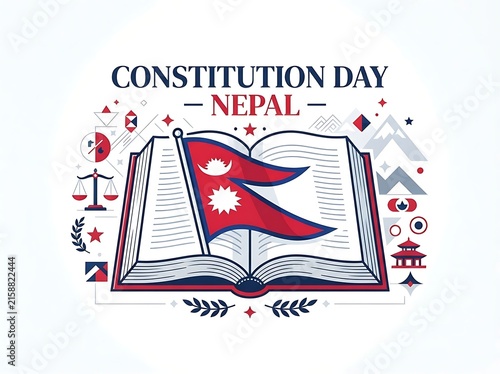 Constitution day nepal celebration graphic with national flag and book isolated on white background