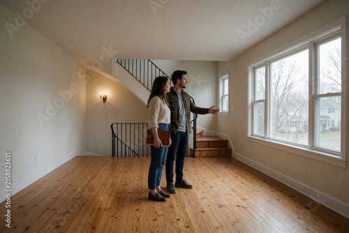 Couple touring empty house looking at windows real estate agent showing property