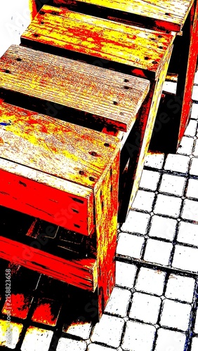 Vibrant red and yellow abstract graphic of wooden pallets and tiled floor. Perfect for grunge design, modern art backdrops, high-contrast posters, and creative wallpaper backgrounds.
