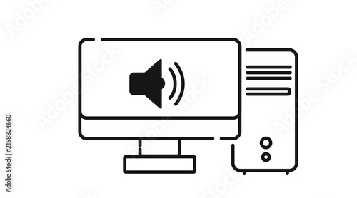 Desktop computer tower and monitor with sound volume symbol on screen icon. Black line art style on white background. 