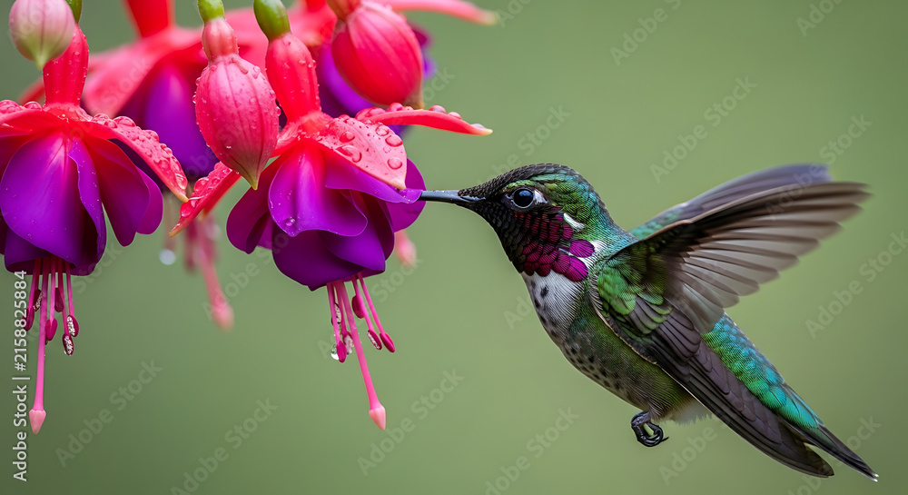 Fototapeta premium Hummingbird in mid-flight approaching fuchsia blossoms to feed with hummingbird