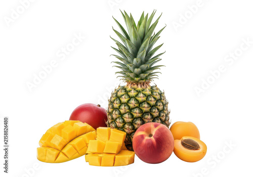 Pineapple with mango peach and apricot sits on transparent background