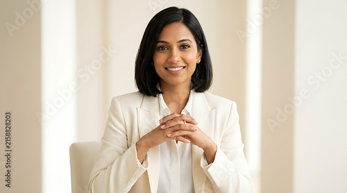 Confident professional woman in a white blazer smiling and seated in a bright modern office environment captured in a warm,