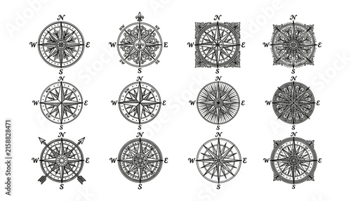 Vintage nautical compass rose vector set featuring ornate wind rose dial designs for navigation cartography marine exploration maps