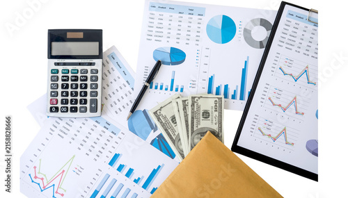 Картината върху платно Business Office Desk Flat Lay with Charts, Calculator, Notebook and Financial Do