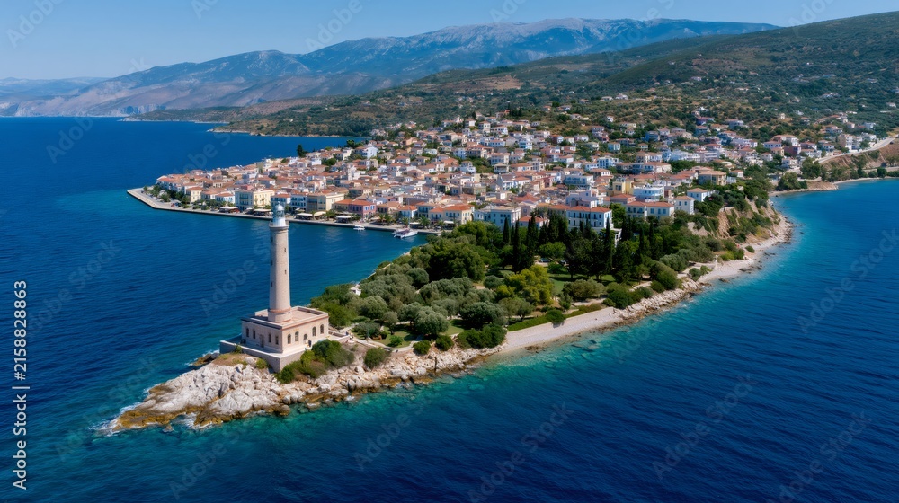 Fototapeta premium Gytheio town and cranae island lighthouse aerial view