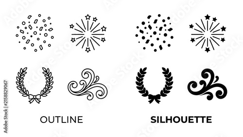 Фотография Decorative Elements Set: A collection of graphic elements featuring fireworks, laurel wreaths, and ornamental swirls in both outline and silhouette styles, perfect for adding flair to designs