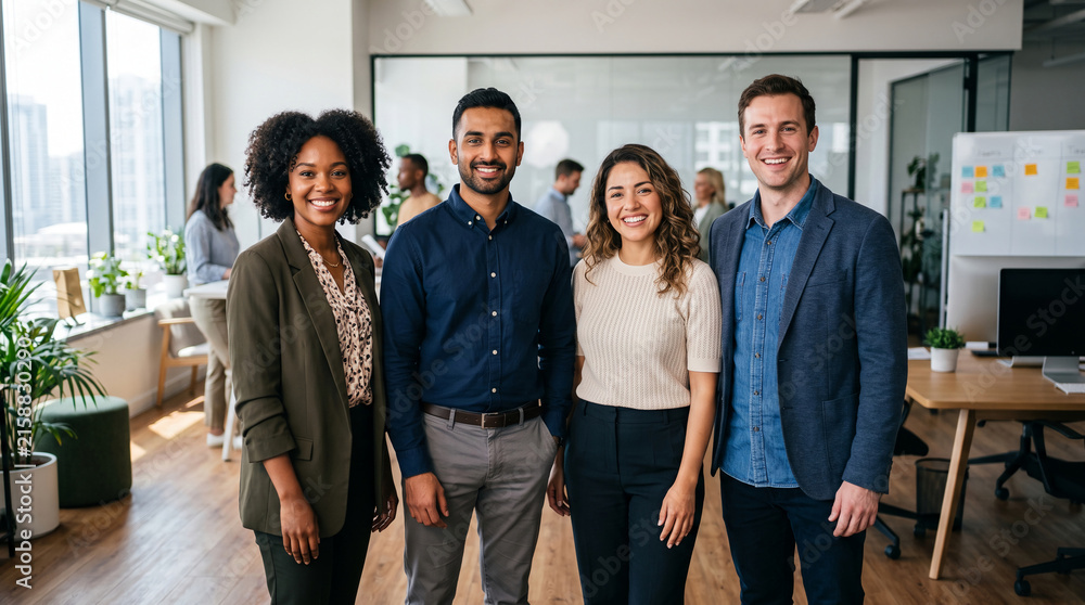 Obraz premium A diverse team of four professionals smiling in a modern office setting, representing collaboration and success in business.