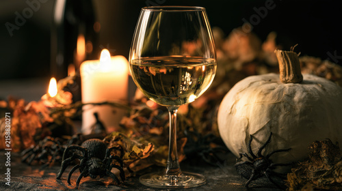 White wine glass pumpkin candle spider autumn table setting creates mysterious Halloween atmosphere