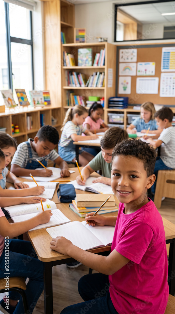 Obraz premium Children studying in a bright classroom, with one boy smiling, representing education, learning, and engagement