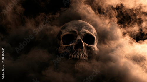 Skull dark smoke haunting horror portrait emerging from shadowed smoke with ominous expression and dramatic lighting