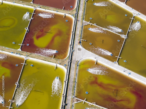 Aerial view of a shrimp farm with colorful ponds and water aerators in Kecamatan Buleleng, Bali, Indonesia.