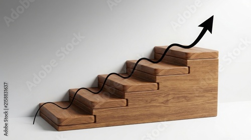 Wooden stairs with a rising arrow graph isolated on white background