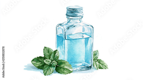 Watercolor Illustration of Mint Essential Oil Bottle with Fresh Green Leaves Isolated on White Background