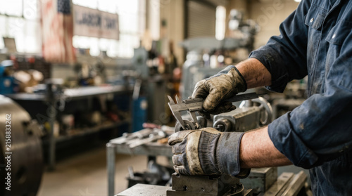 Metal worker industrial workshop machinist hand caliper tool metal lathe precision measurement work glove blue overall mechanical engineering manufacturing job metal worker industrial workshop