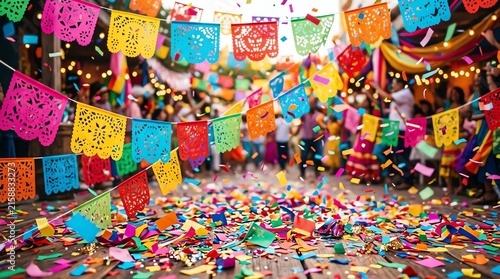 Colorful Party Flags Drift Over Confetti Covered Floor in Festive Street