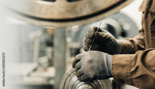 Worker hand glove metal machine industry factory tool mechanic workshop worker hand with glove adjusting metal machine industrial factory workshop, careful mechanic holding thin tool during