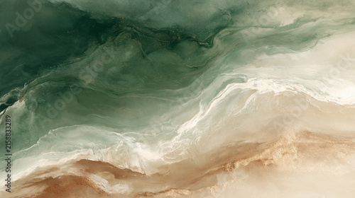 Abstract Emerald Green and Beige Liquid Marble Alcohol Ink Texture Background with Gold Dust