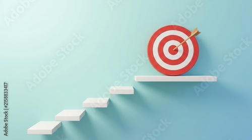 Staircase leading to a target with an arrow on a blue background