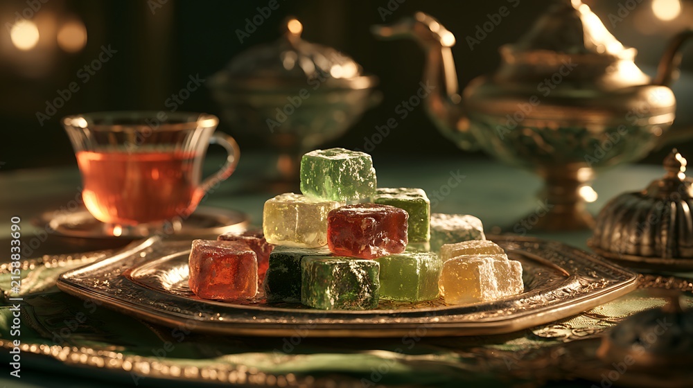 Fototapeta premium Turkish delight cubes on an ornate silver tray with tea