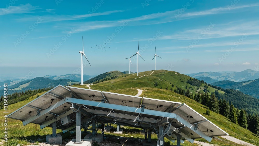 Fototapeta premium Rear view of ground mounted solar panel structure on green mountain ridge with wind turbines under bright blue sky, combined solar and wind renewable energy power station in high alpine landscape vie