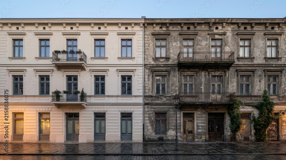 Fototapeta premium The facade of an old European building with balconies and stucco detail glows in warm evening light — historic architecture, old town, Historic Facade Restoration