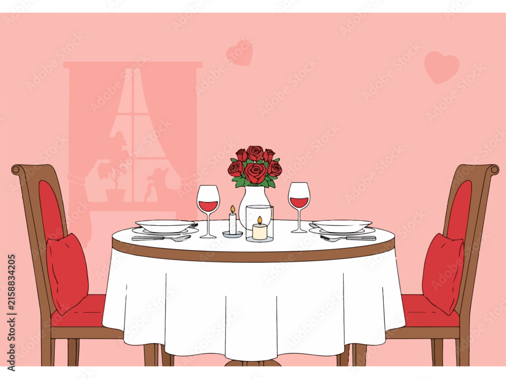 Obraz premium Elegant dining table set with red chairs and floral centerpiece.