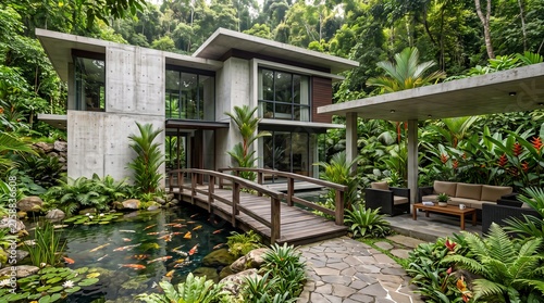 Modern tropical house with pond and bridge