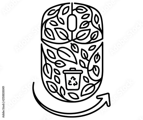 Eco-friendly computer mouse icon with leaf pattern, sustainable technology concept, recycling bin symbol for green computing