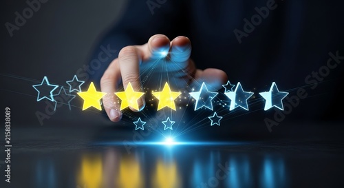 Human hand selecting glowing yellow stars for business service rating and customer feedback evaluation on a dark reflective tech background