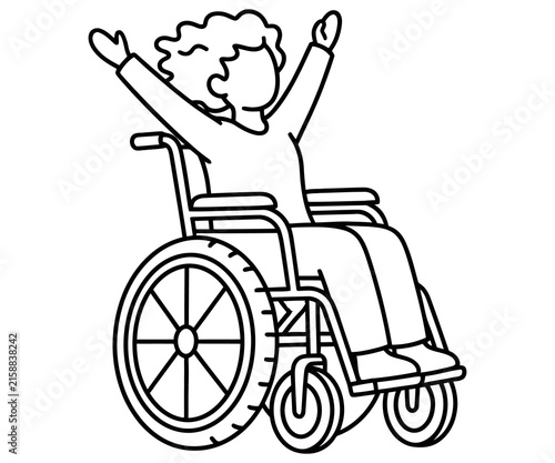 Minimalist line art of person in wheelchair with arms raised, disability empowerment illustration, inclusive accessibility concept