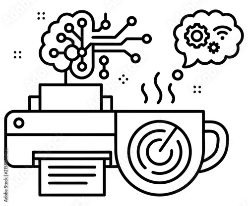 Artificial intelligence line icon, smart printer and digital brain concept, automated technology and coffee break illustration