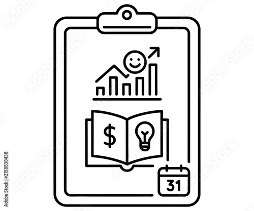 Minimalist business clipboard icon, financial growth chart with dollar sign and lightbulb, professional project management outline