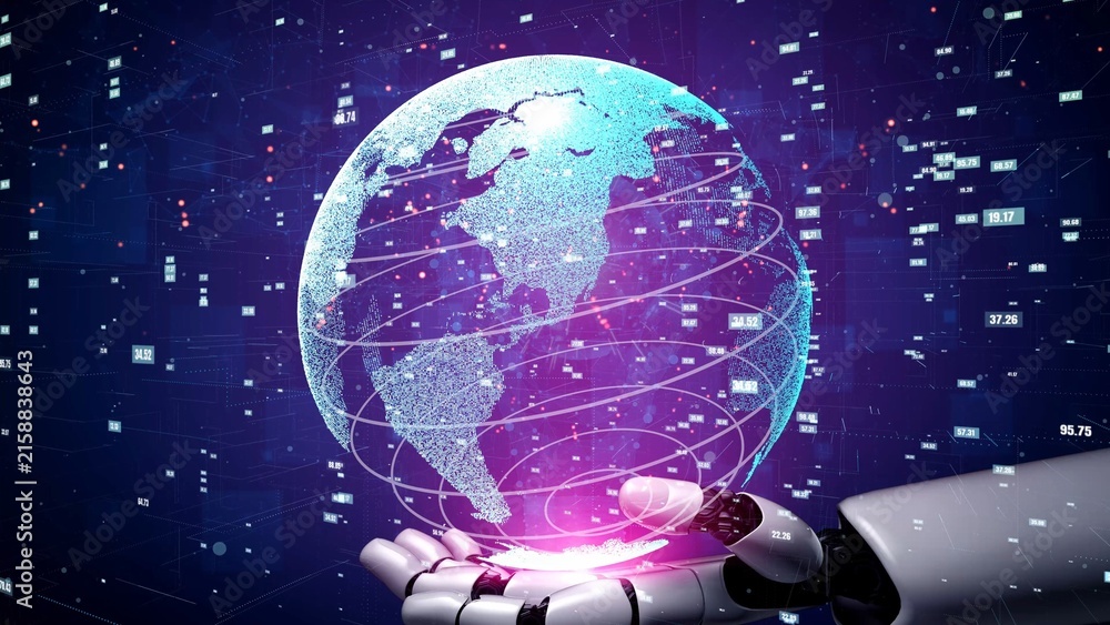 Naklejka premium A robotic hand presents a luminous digital globe, symbolizing the fusion of technology and global connectivity in an evolving data landscape. Xenic