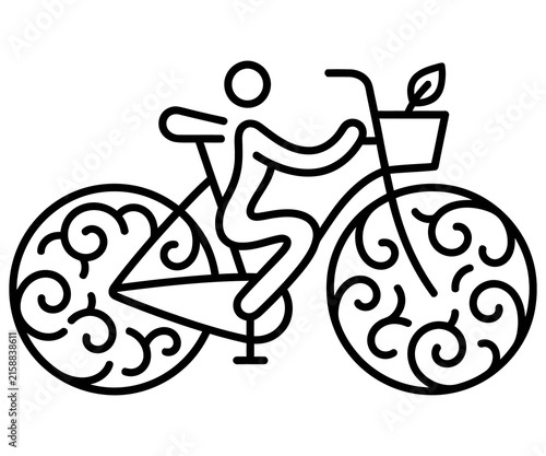 Minimalist bicycle line icon with floral wheels, eco-friendly cyclist symbol, artistic bike illustration for green transportation branding