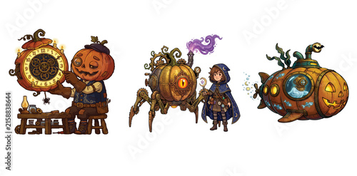 Steampunk Halloween Vector Set, Pumpkin Clockmaker, Wizard Boy With Mechanical Pumpkin Spider Robot And Ghost In Pumpkin Submarine, Fantasy Cartoon Illustration. Isolated on a white background.