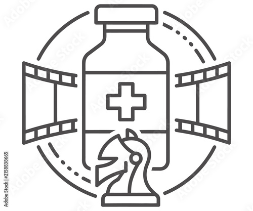 Medical vaccine bottle line icon, pharmaceutical medicine vial with cross symbol, healthcare protection knight chess piece graphic