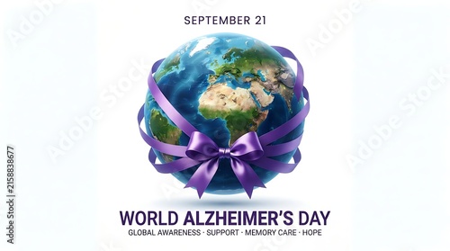 World alzheimers day concept with a globe wrapped in a purple ribbon isolated on white background