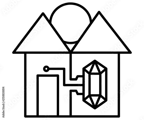 Minimalist smart home icon, geometric house with digital crystal energy core, modern technology and residential automation symbol
