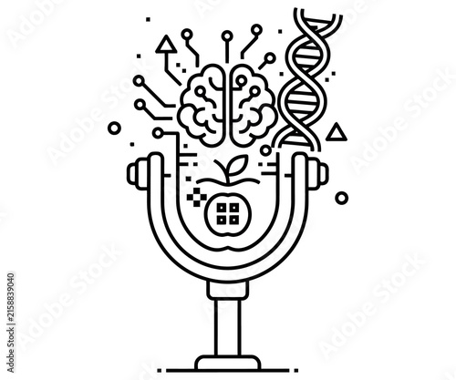 Minimalist podcast microphone line art, artificial intelligence brain and DNA helix icon, science and technology broadcast logo