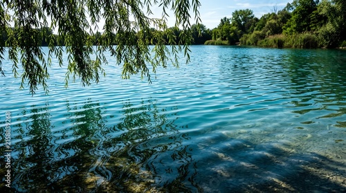 Serene Lake Reflection: Crystal-clear turquoise water ripples gently, reflecting the lush green trees and clear blue sky under a sunny day. The foreground features weeping willow branches.