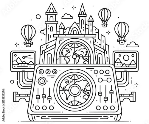 Minimalist line art travel illustration, fantasy castle and hot air balloons icon, global exploration concept with world map