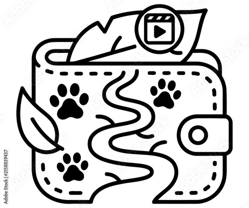 Minimalist wallet icon with paw prints and leaves, black and white line art of a purse, pet care and animal charity finance symbol